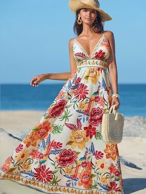 Cupshe White Floral V‑Neck Maxi Dress with Red, Yellow & Green Blooms
